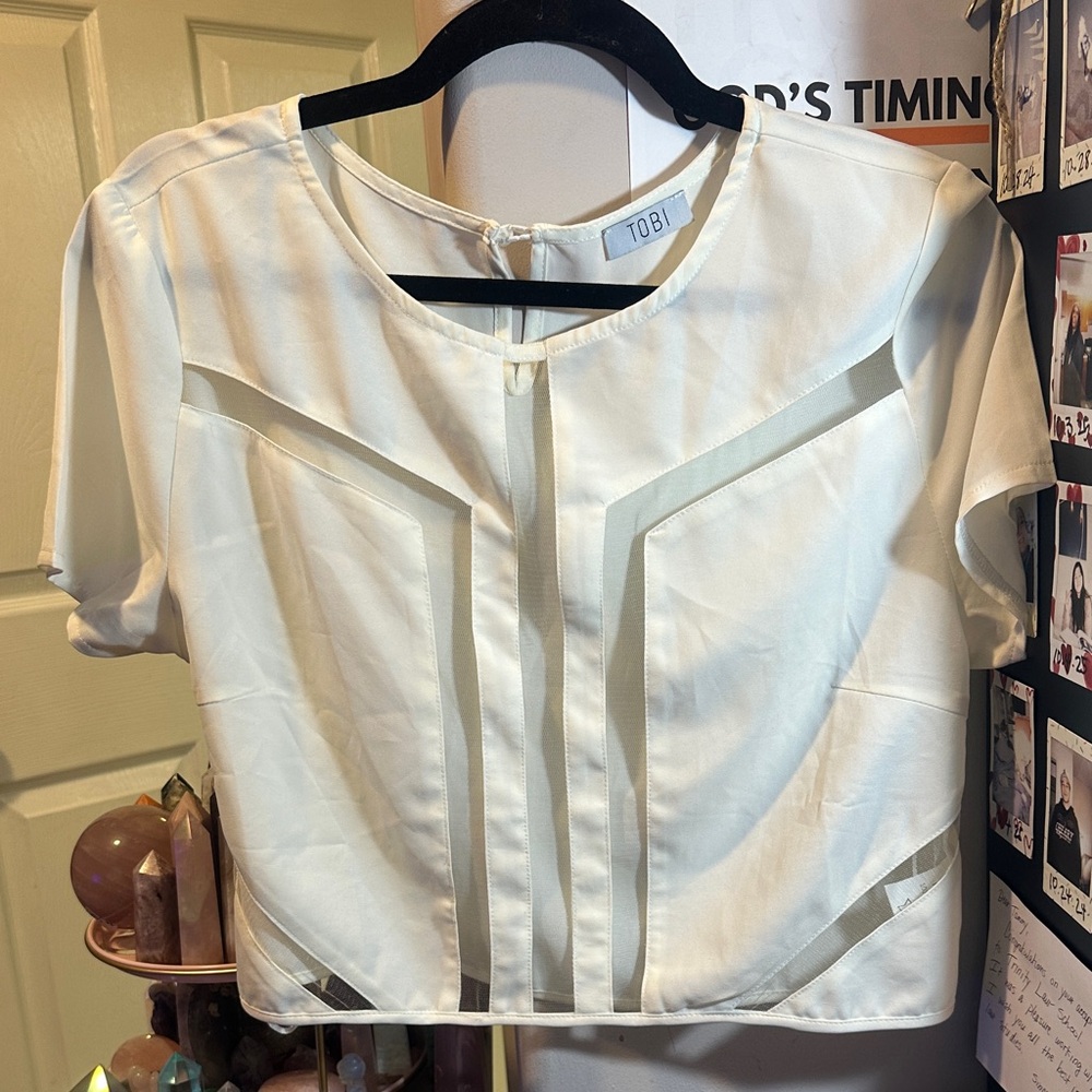 Tobi Women's Ivory Blouse with Geometric Mesh Accents